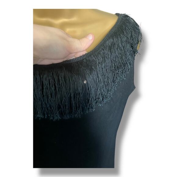 1960s Black Fringe Flapper Dress Wool Feel 1920s Style Goth Glam - Picture 3 of 8